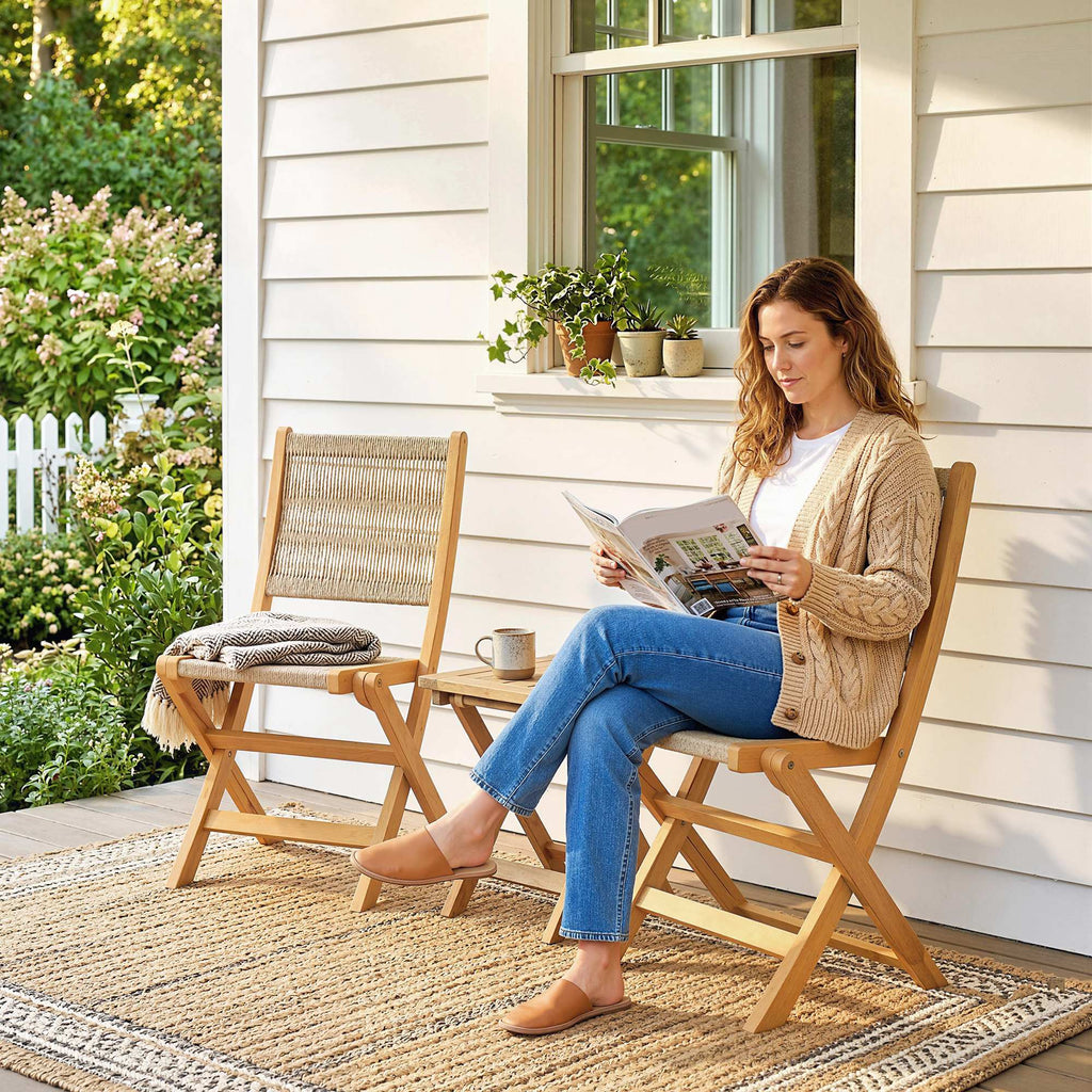 Outsunny Set of 2 Folding Garden Chairs in PE Rattan and Acacia Wood, Supports up to 160 kg, Beige