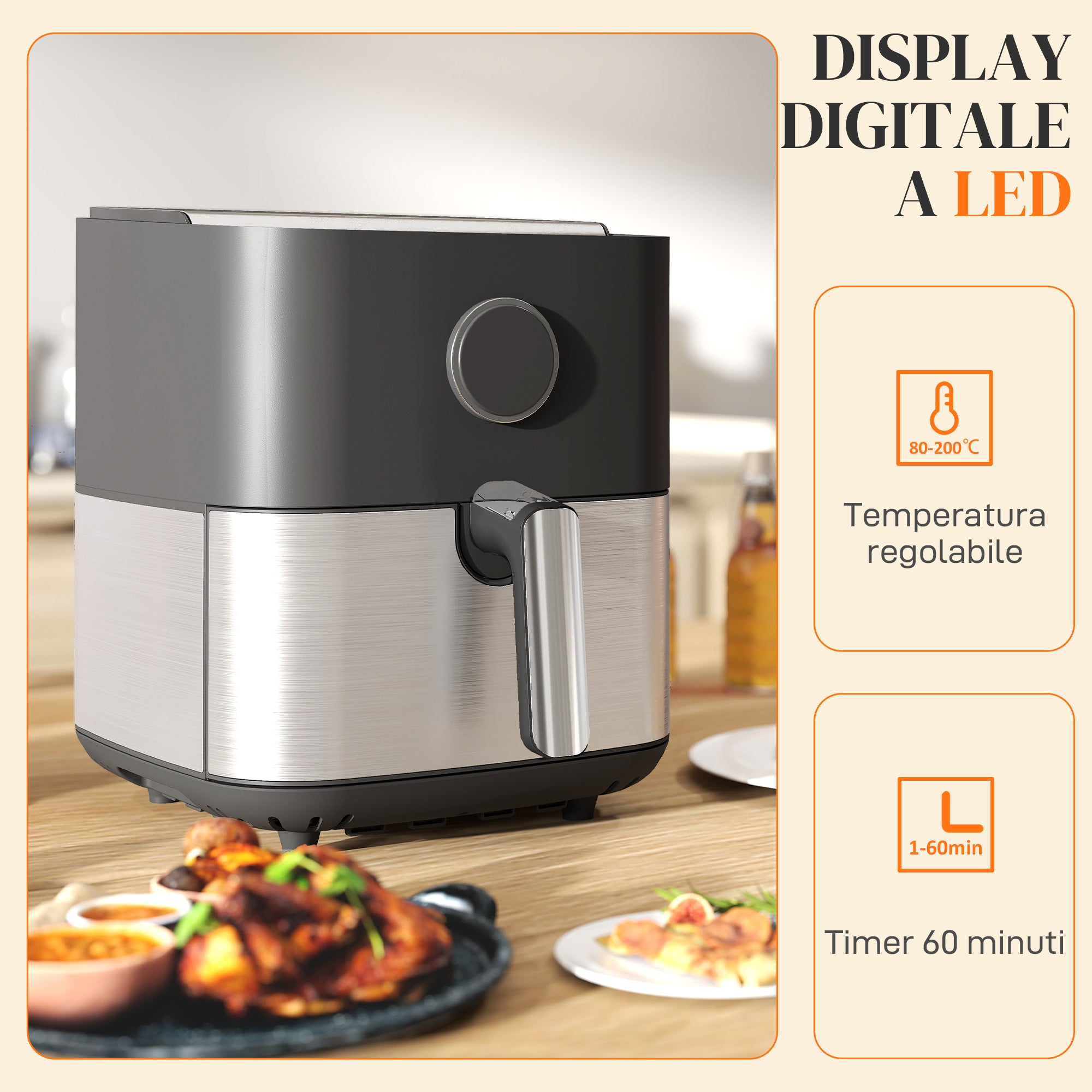 8L Air Fryer, 1700W Air Fryer with 8 Programs and 360° Hot Air Circulation, LED Display, Black