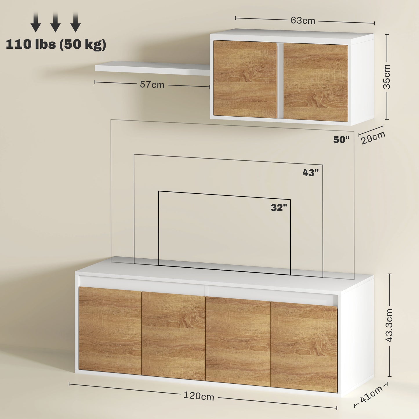 TV Cabinet and Wall Cabinet Set with 7 Shelves and Open Shelf, Wooden, 120x41x43.3 cm, White and Wood color