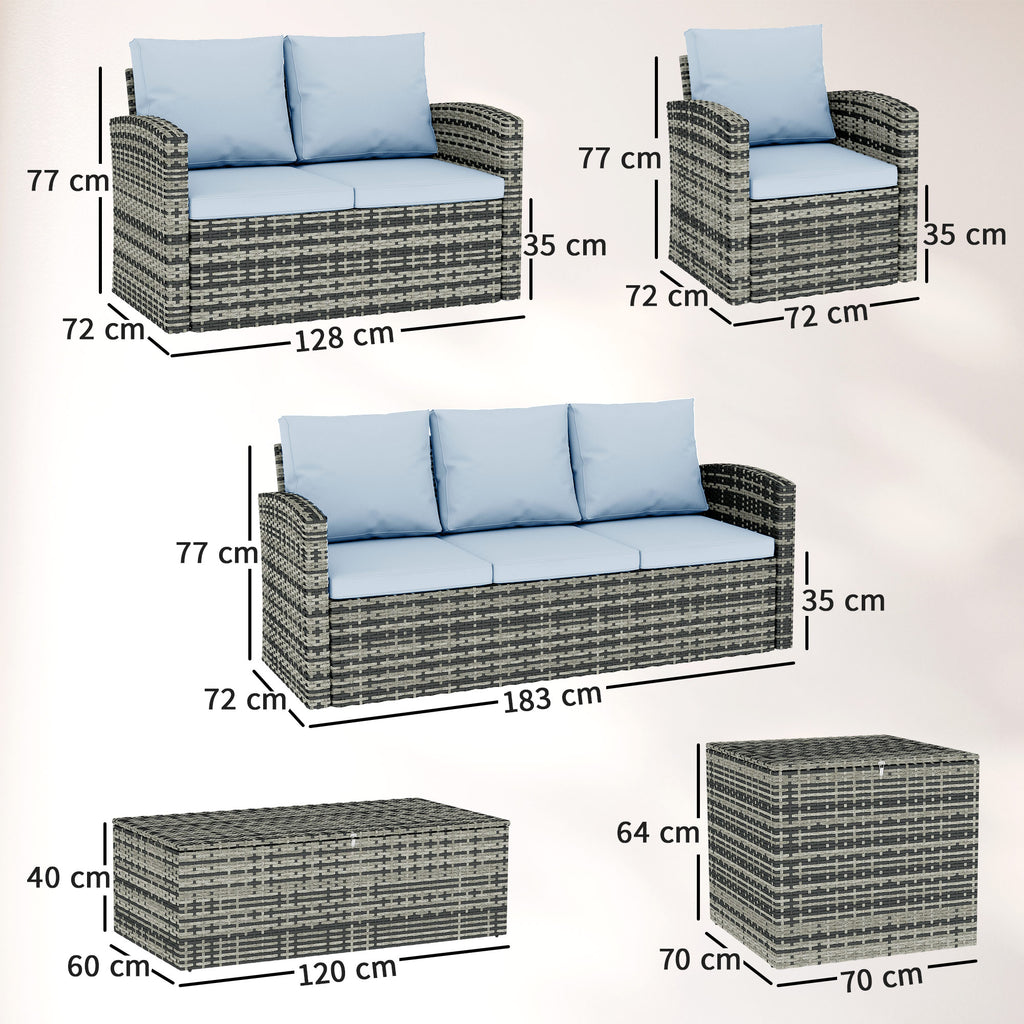 6-Piece Outdoor Set with 2 Storage Tables, 2 Sofas and 2 Armchairs, in Rattan and Steel, Grey