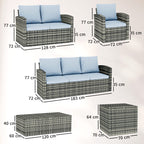 6-Piece Outdoor Set with 2 Storage Tables, 2 Sofas and 2 Armchairs, in Rattan and Steel, Grey