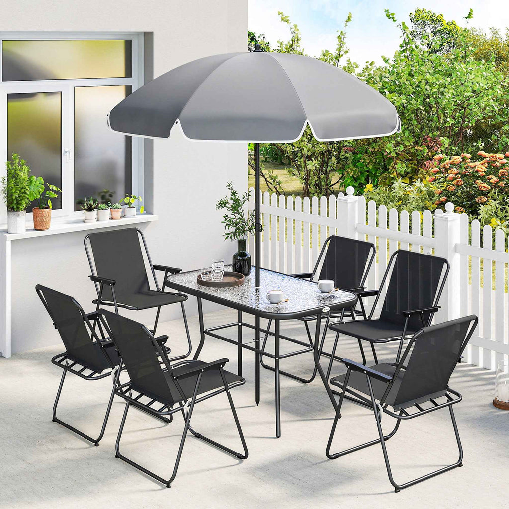 Outsunny 8-Piece Garden Set with Umbrella, 6 Folding Chairs and Tempered Glass Outdoor Table, Black