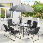 Outsunny 8-Piece Garden Set with Umbrella, 6 Folding Chairs and Tempered Glass Outdoor Table, Black