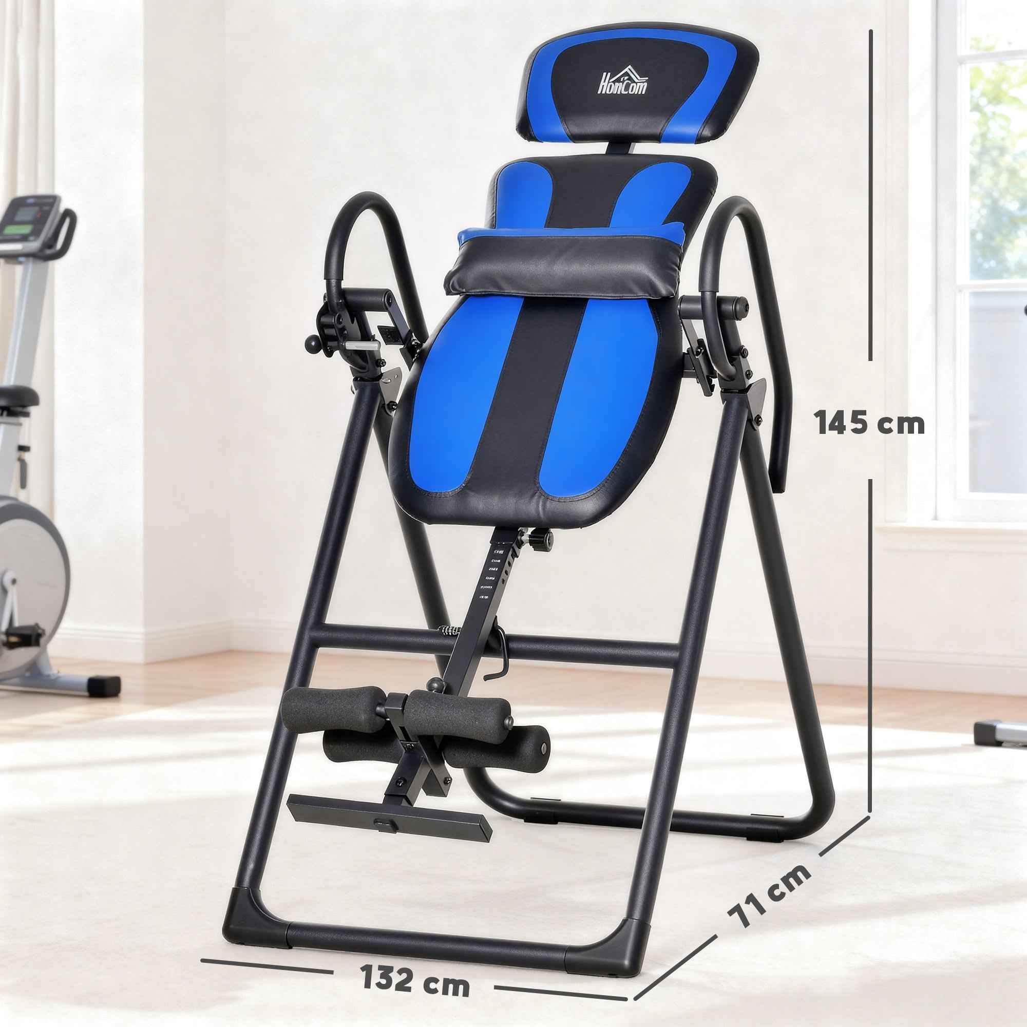 HOMCOM Folding Gravity Inversion Table with Adjustable Length (140-203cm) and Wheels, Black and Blue