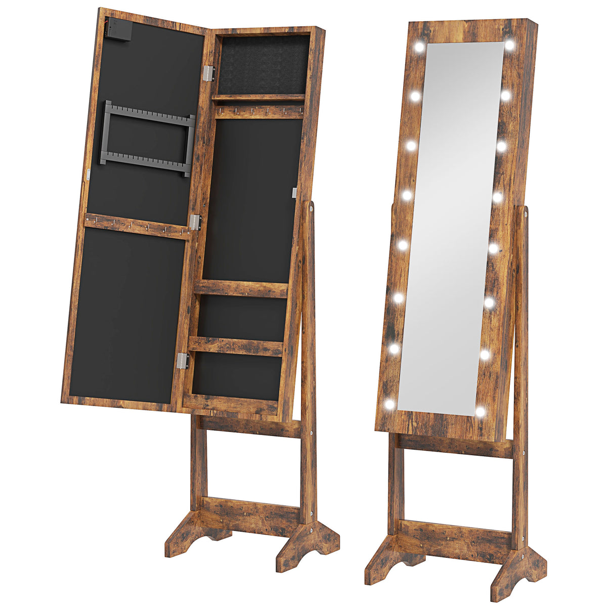 HOMCOM Jewelry Cabinet with Adjustable Mirror and LED Lights, 36x30x136 cm, Rustic Brown