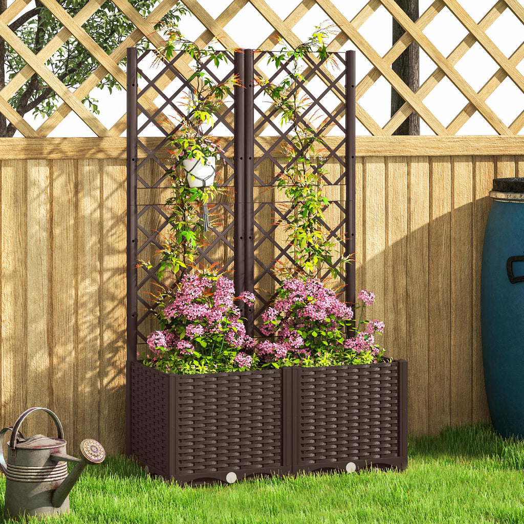 Raised Planter with Trellis for Climbing and 8 Drainage Holes in PP, 80x40x135 cm, Brown
