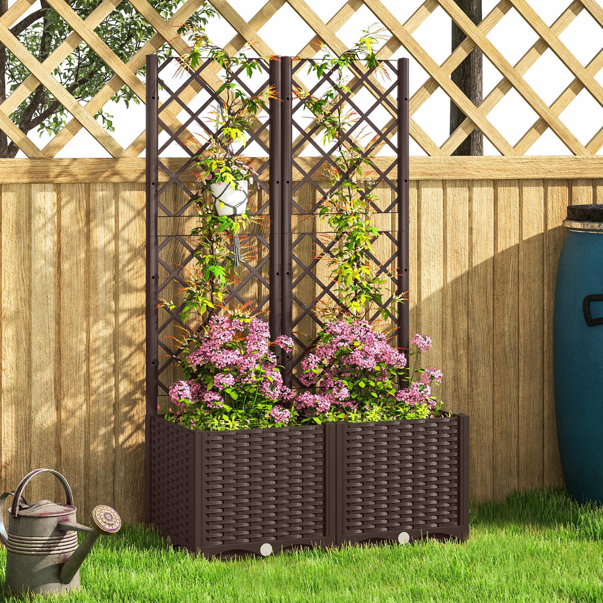Raised Planter with Trellis for Climbing and 8 Drainage Holes in PP, 80x40x135 cm, Brown