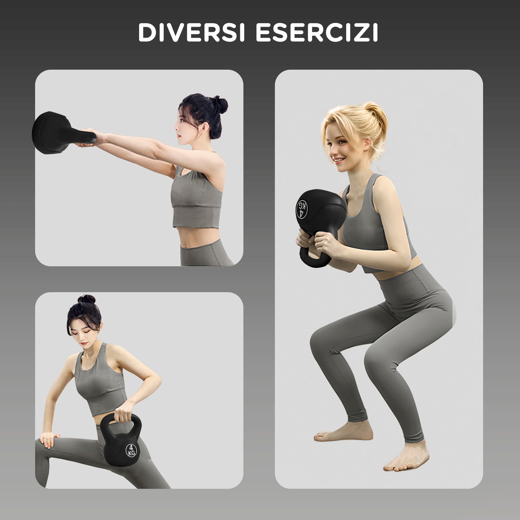 Kettlebell 4kg in Plastic and Sand with Flat Base and Handle, 18x12x20 cm, Black