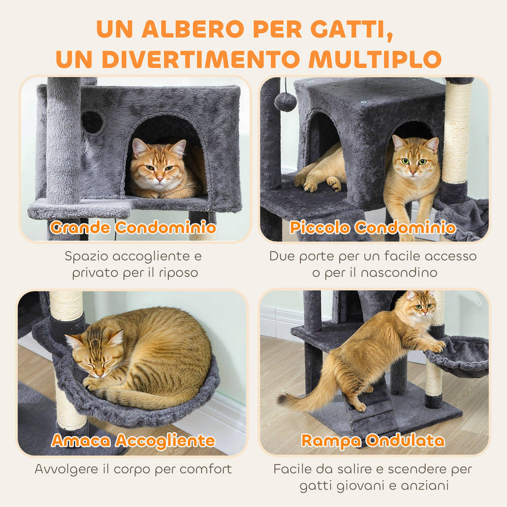 140cm Tall Cat Tree with 2 Houses, Bed and Hammock for 2-3 Cats, Plush Cover, Grey
