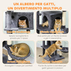 140cm Tall Cat Tree with 2 Houses, Bed and Hammock for 2-3 Cats, Plush Cover, Grey