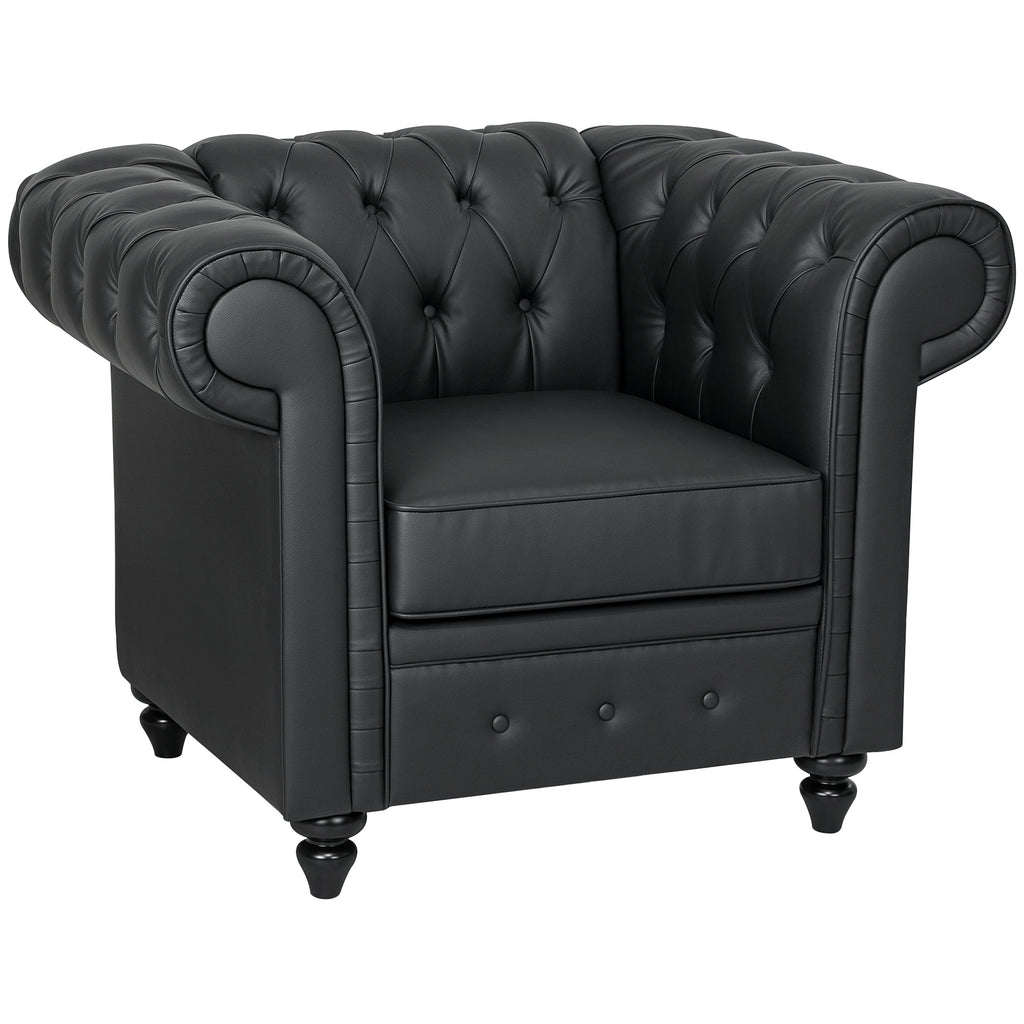 Chesterfield Style PU Faux Leather Lounge Chair with Wooden Legs, Black