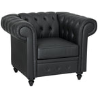 Chesterfield Style PU Faux Leather Lounge Chair with Wooden Legs, Black