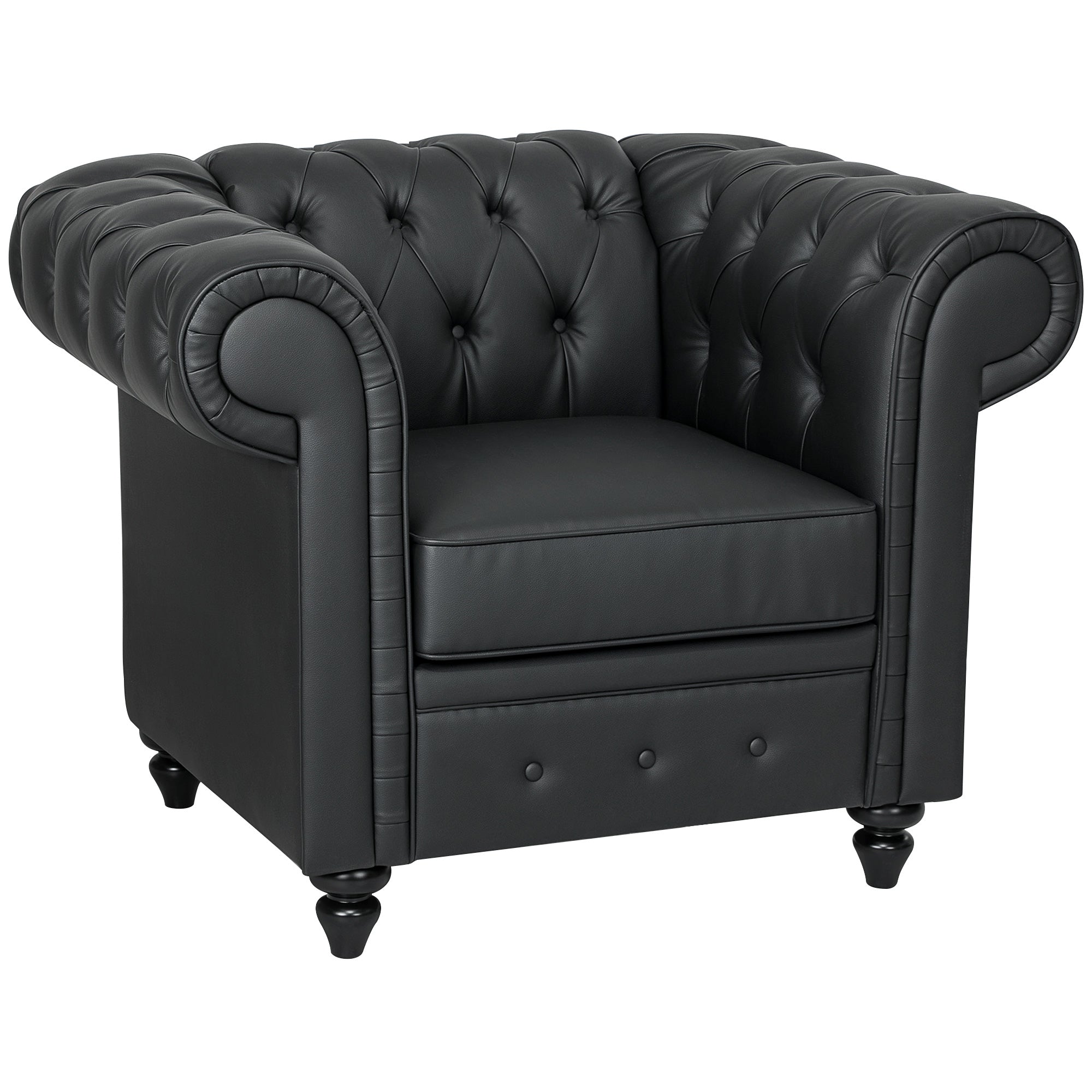 Chesterfield Style PU Faux Leather Lounge Chair with Wooden Legs, Black