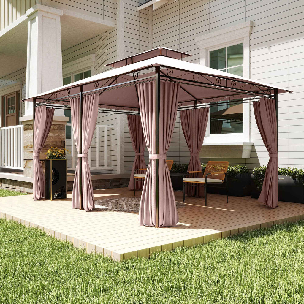 Outsunny 4x3m Garden Gazebo with Double Roof and Side Awnings in Steel and Polyester, Khaki Color