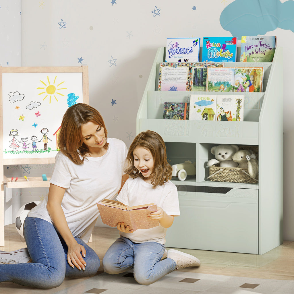 Small Children's Bookcase with MDF Shelves and Drawer, 60x29.9x90cm, Green