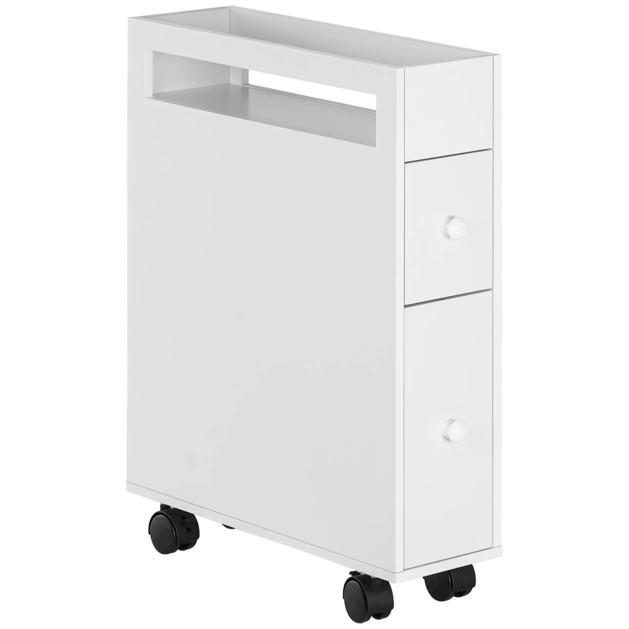 Space Saving Bathroom Cabinet with 4 Wheels, 2 Drawers and Open Shelf, 16x49.5x66cm, White