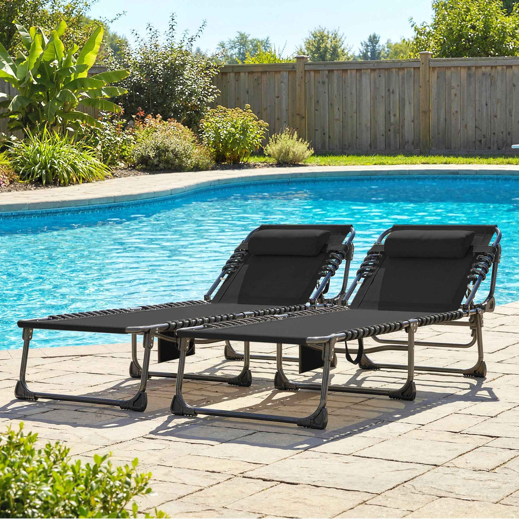 Outsunny Set of 2 Folding and Reclining Garden Sun Loungers on 5 Levels with Cushions, 57x200x38 cm, Black