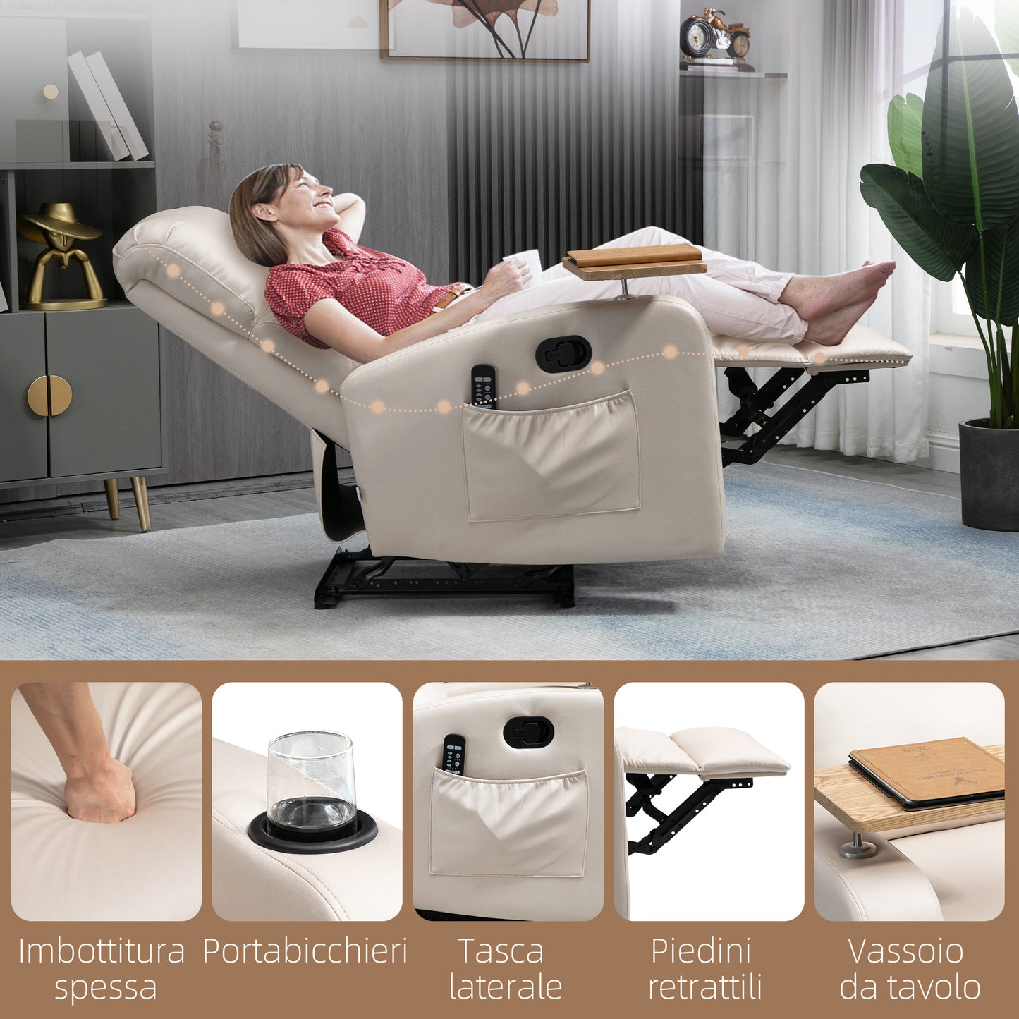 Massage Recliner Chair with Footrest and Remote Control, Microfiber, 77x93x105 cm, Beige