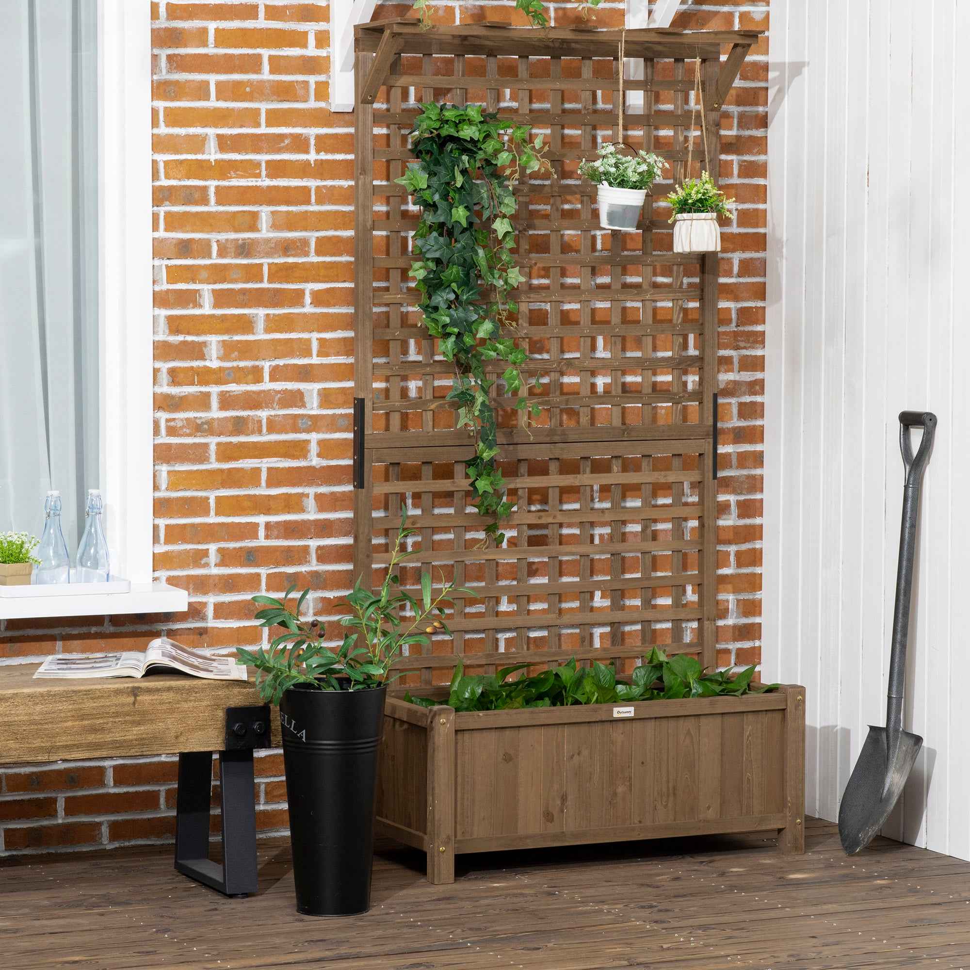 Outsunny Garden Planter with Trellis for Climbing Plants in Fir Wood, 90x45x183 cm, Brown