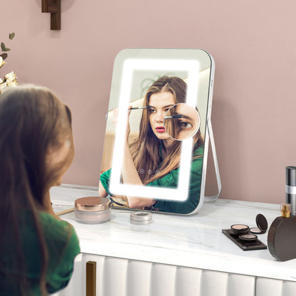 Makeup Mirror with 3-Color Adjustable Lights, USB Socket and 10x Magnifying Mirror, 31x41.5x3cm, White