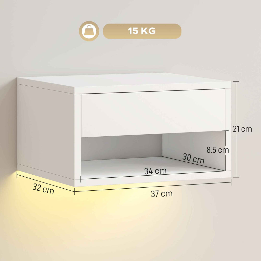 HOMCOM Set of 2 Wall-Mounted Bedside Tables with Built-in RGB LED Lights and APP Control, Drawer and Shelf, 37x32x21 cm, White