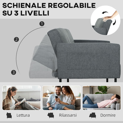 Clic Clac Sofa Bed with Adjustable Backrest in Linen Effect, Wood and Steel Fabric, 200x77x72 cm, Grey