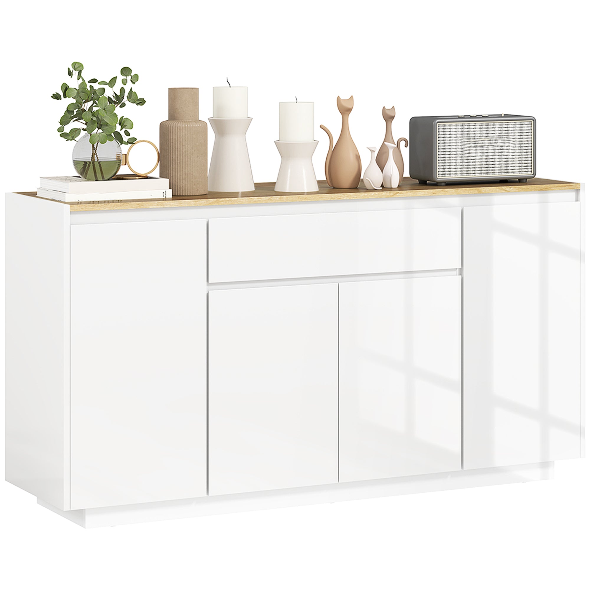 Modern Kitchen Sideboard with Drawer and 3 Cabinets with Adjustable Shelves, 140x40x75 cm, White