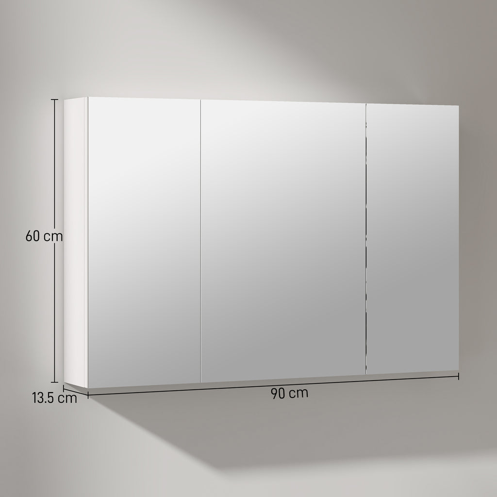 kleankin Bathroom Wall Cabinet with 3 Mirrored Doors and Adjustable Wooden Shelves 90x13.5x60 cm, White