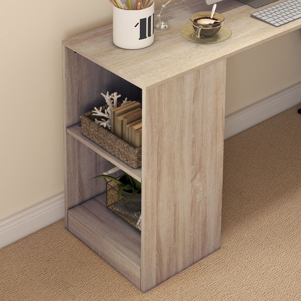 Space-Saving Corner Desk with S-Shaped Shelf, Wooden, 140x120x78 cm, Wood Color