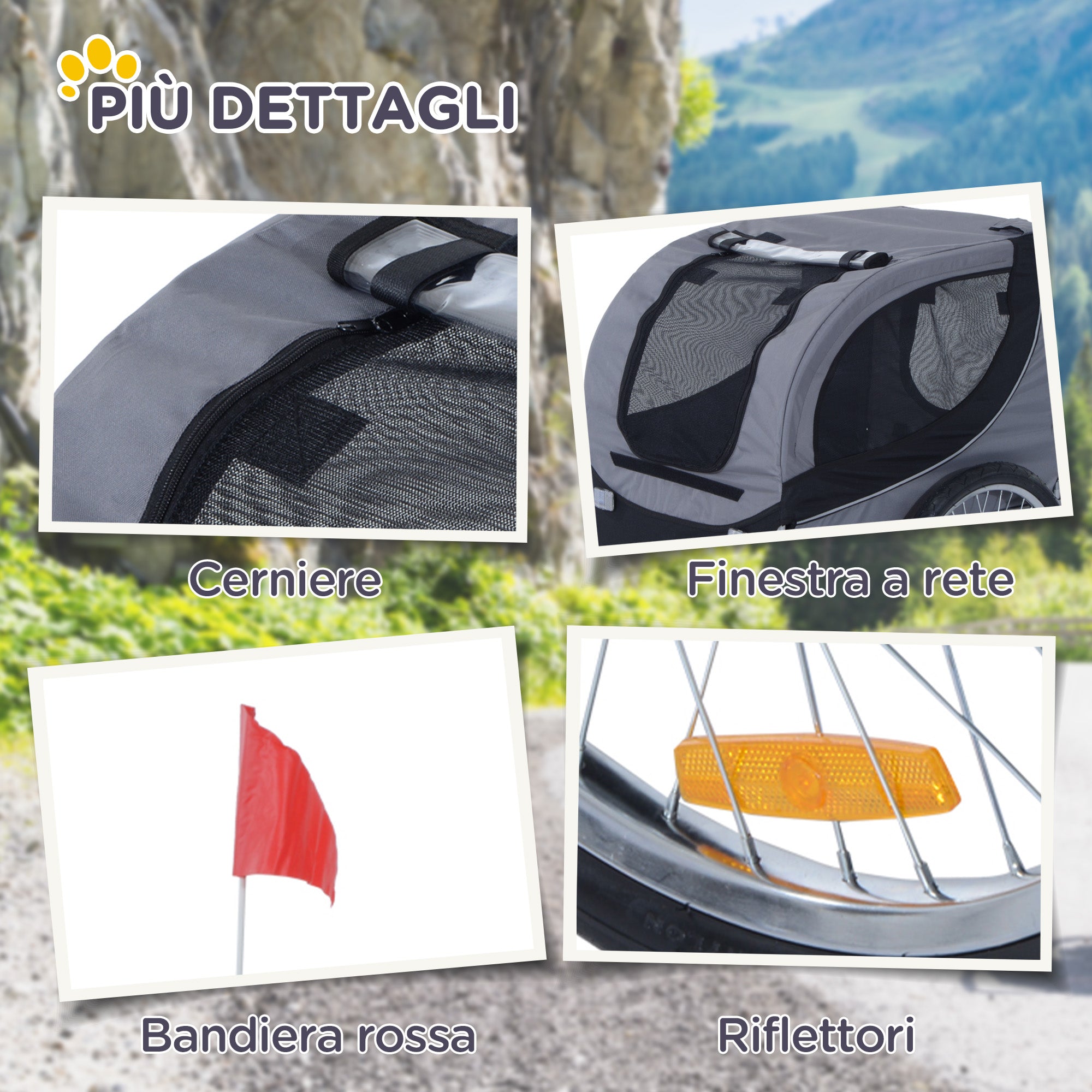 Bike Trailer for Medium Dogs with Side Windows and Flag, 130x73x90 cm, Grey and Black