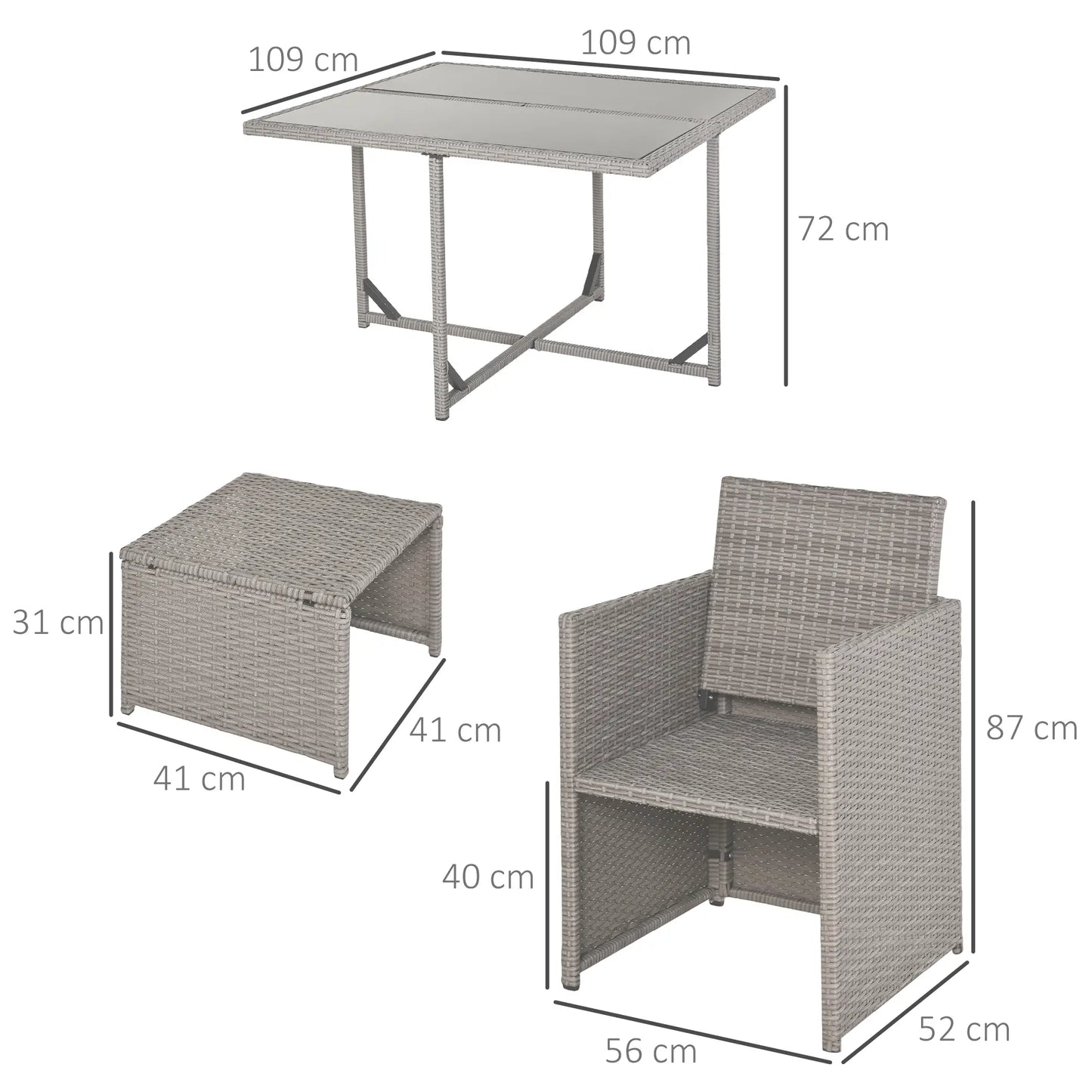 GEMINI | Outdoor Garden Furniture Set Table with 4 Chairs 4 Footrests 9pcs Rattan Grey