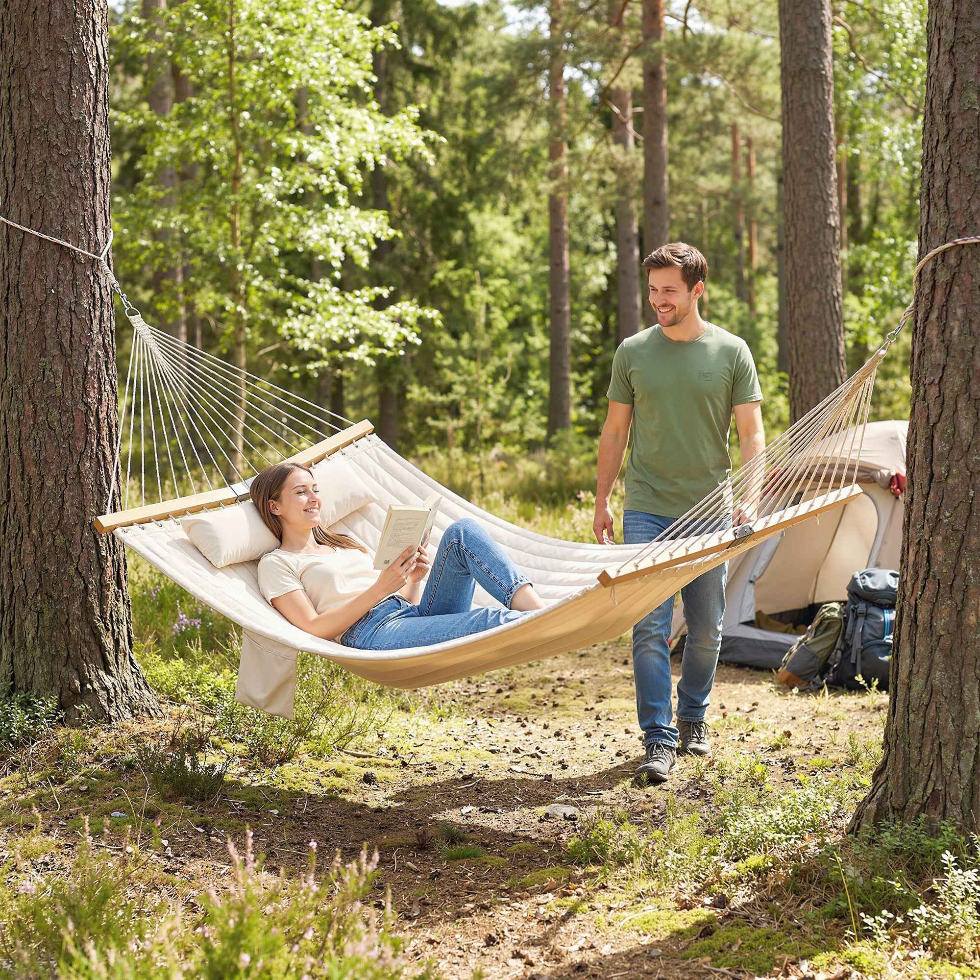 Garden Hammock with Cushion and Pocket, Polyester with Wooden Bars, 325x140x2.5 cm, Cream White