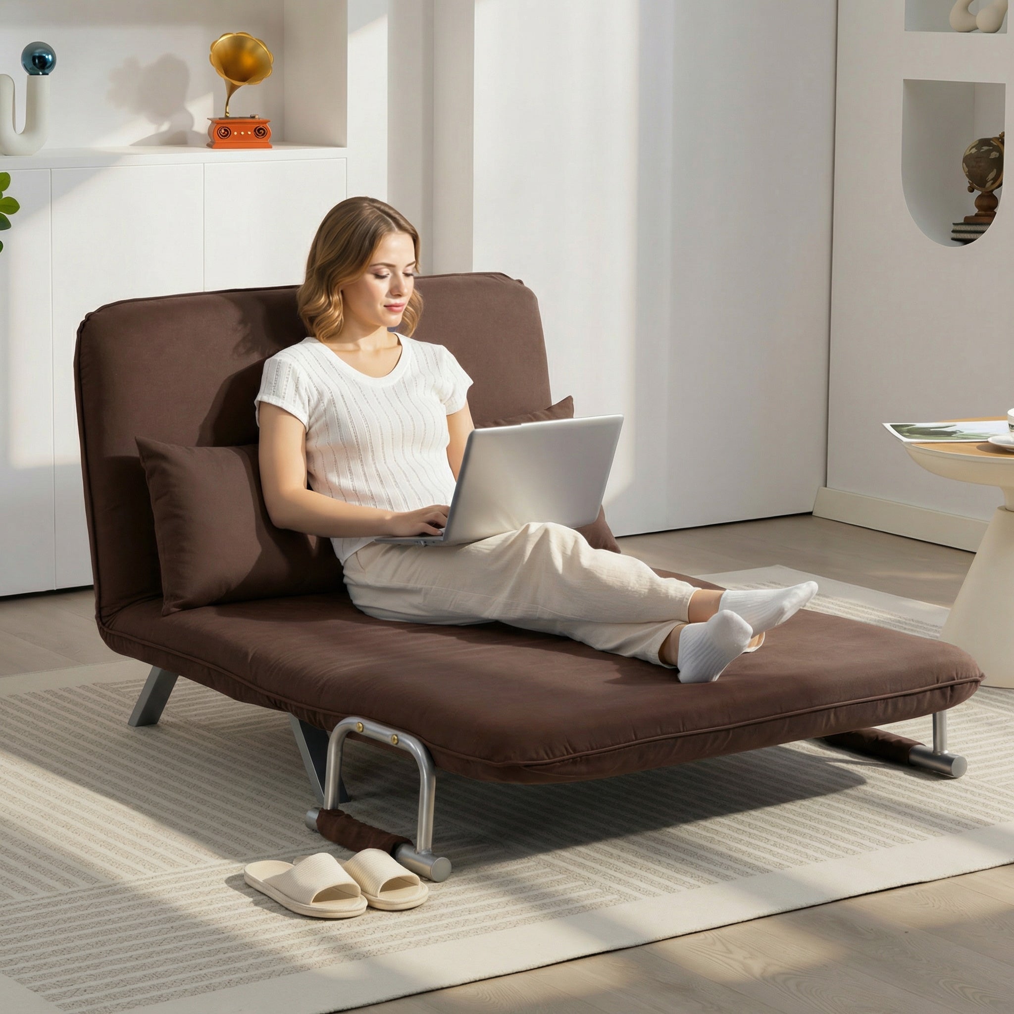 HOMCOM 2-Seater Faux Suede Sofa Bed with Adjustable Backrest and 2 Cushions, 111x80x78 cm, Brown