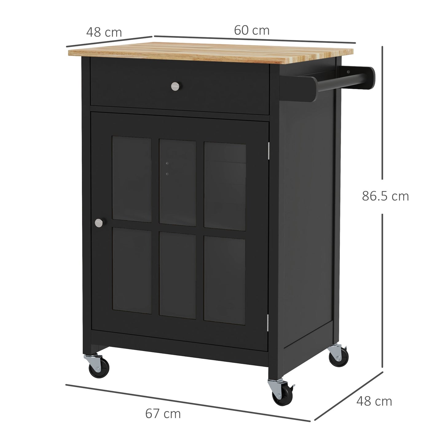 Kitchen Trolley with Drawer, Adjustable Cabinet and Towel Holder, Wooden, 67x48x86.5 cm, Black and Oak Kitchen Trolley with Drawer, Adjustable Cabinet and Towel Rail, Wooden, 67x48x86.5 cm, Black and Oak