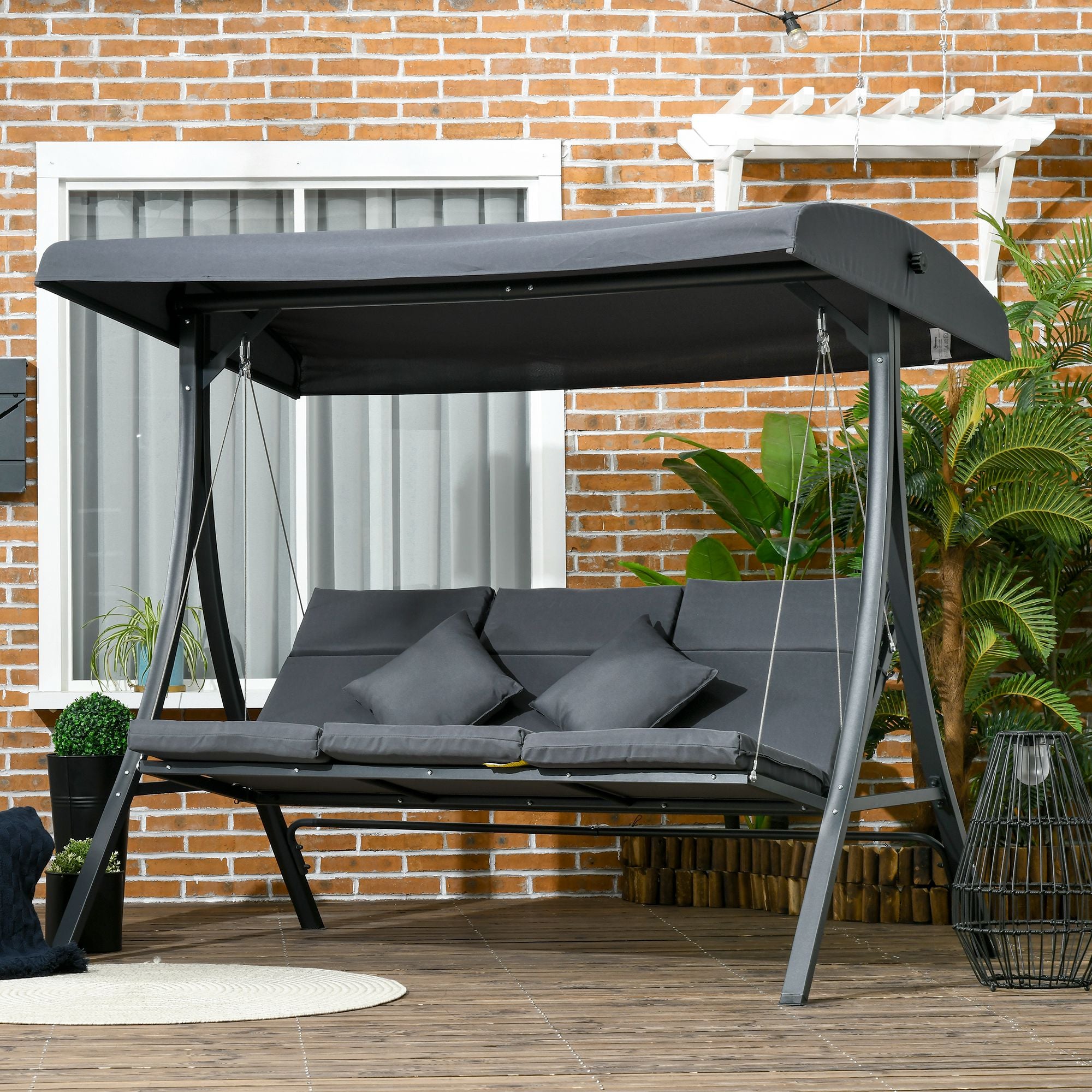 Outsunny 3-Seater Garden Swing with Adjustable Canopy, Steel and Polyester, 202x115x168 cm, Dark Grey