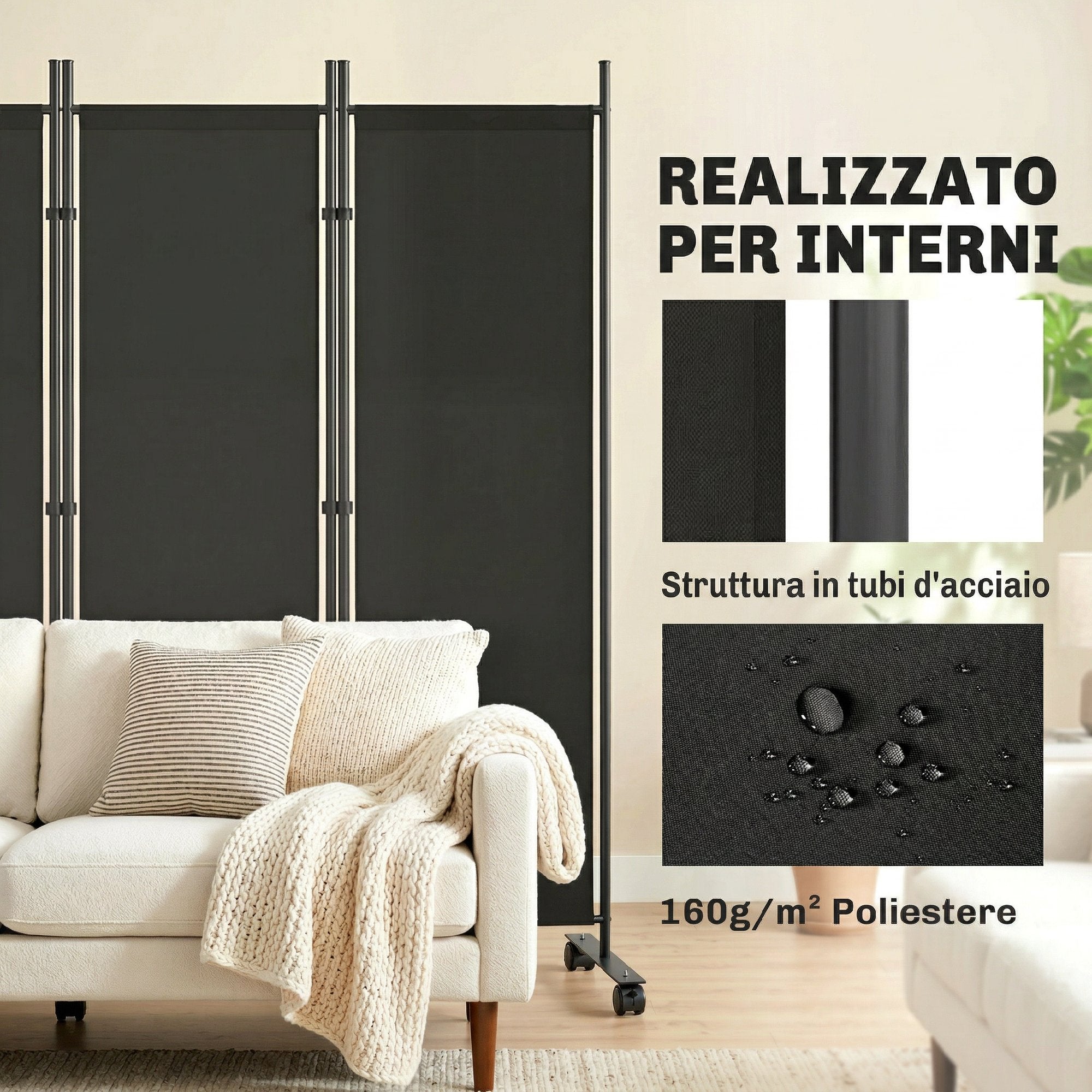 Outsunny 5-Panel Decorative Steel Room Divider with 12 Wheels and Connection Clips, Black