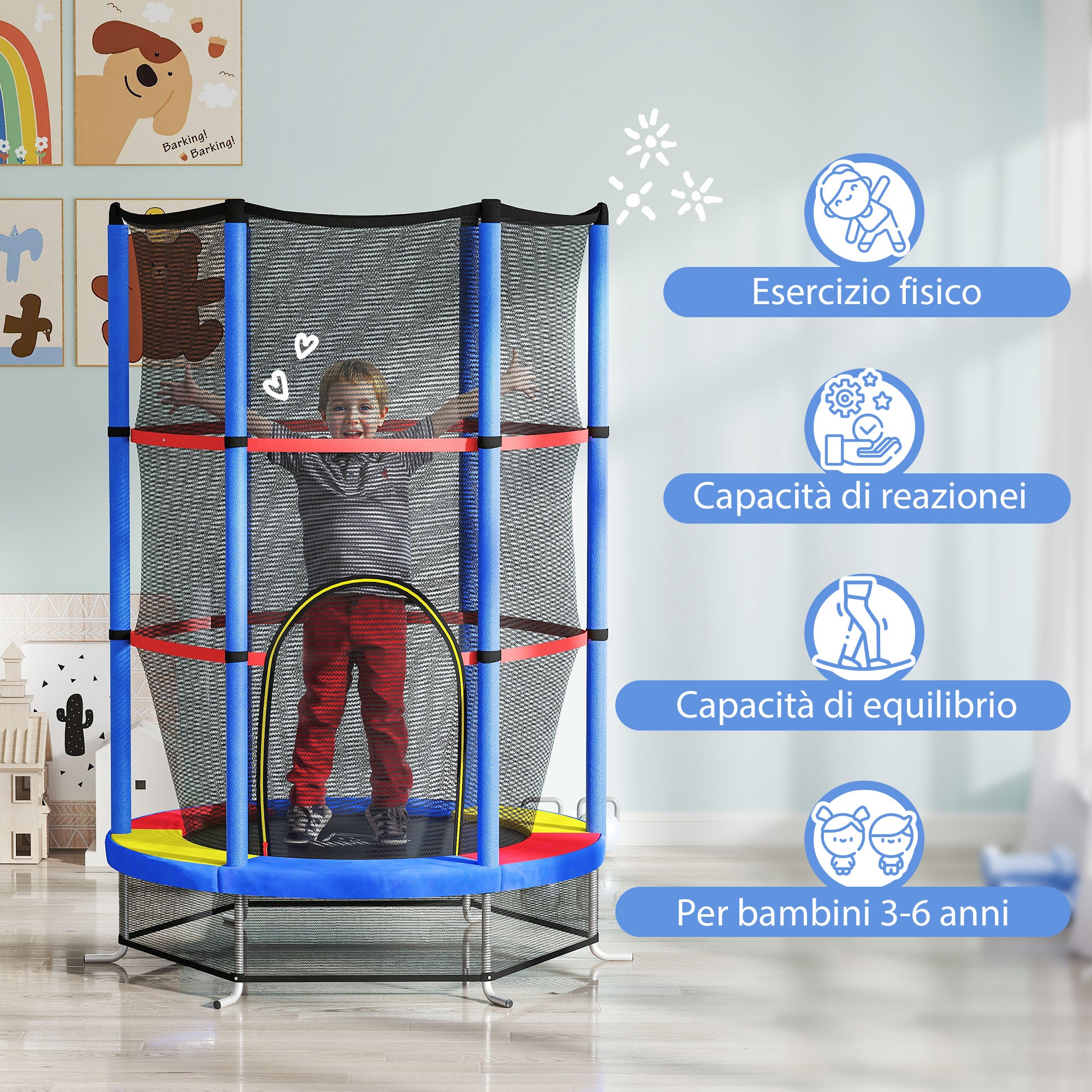 Trampoline for Children 3-6 Years with Safety Net, 6 Columns and 3 Entrances, Ø140x190 cm, Multicolor