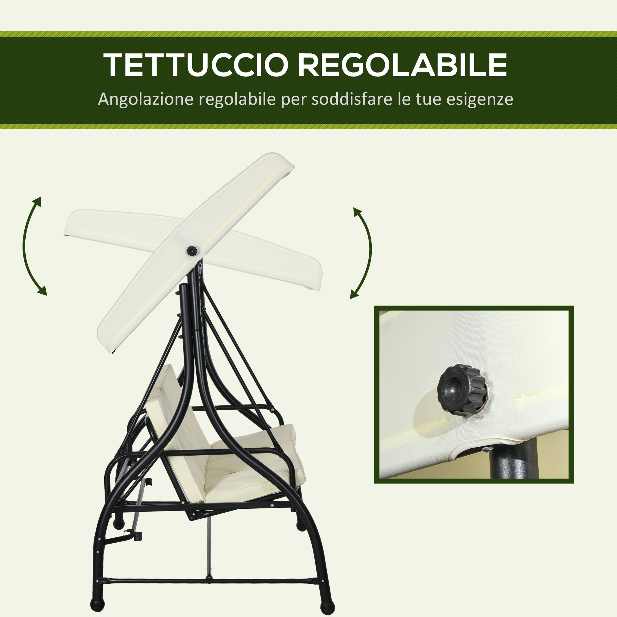 Outsunny Outusunny Swinging 3-Seater Garden Bed with Adjustable Canopy, in Steel and Polyester, 195x117x175 cm, Cream and Black - Borgè