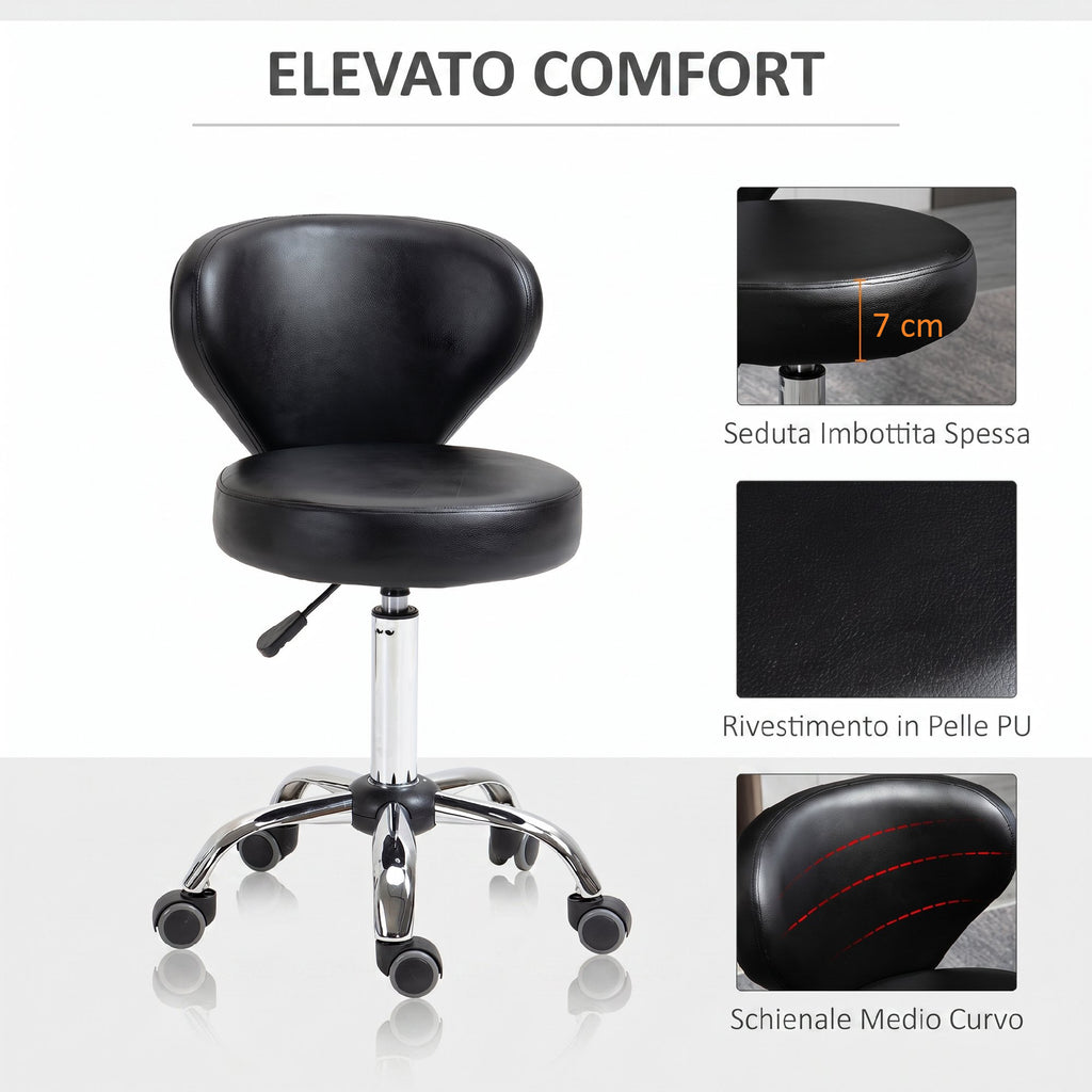 HOMCOM 360° Swivel Stool, Adjustable Stool with Backrest, Steel, Faux Leather, Black