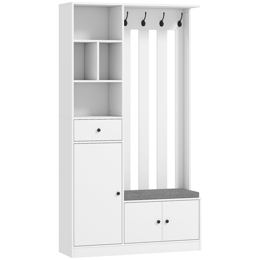 HOMCOM 180cm Coat Rack with Shoe Bench, 4-in-1 Solution with Adjustable Shelf, 4 Hooks and Open Compartments, for Entryway Living Room, White