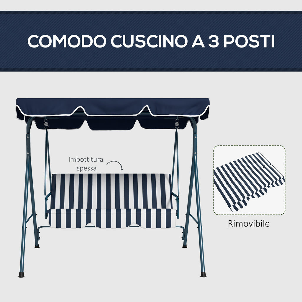 3-Seater Garden Swing with Sunshade Roof, in Steel and Polyester, 172x110x153 cm, White and Blue