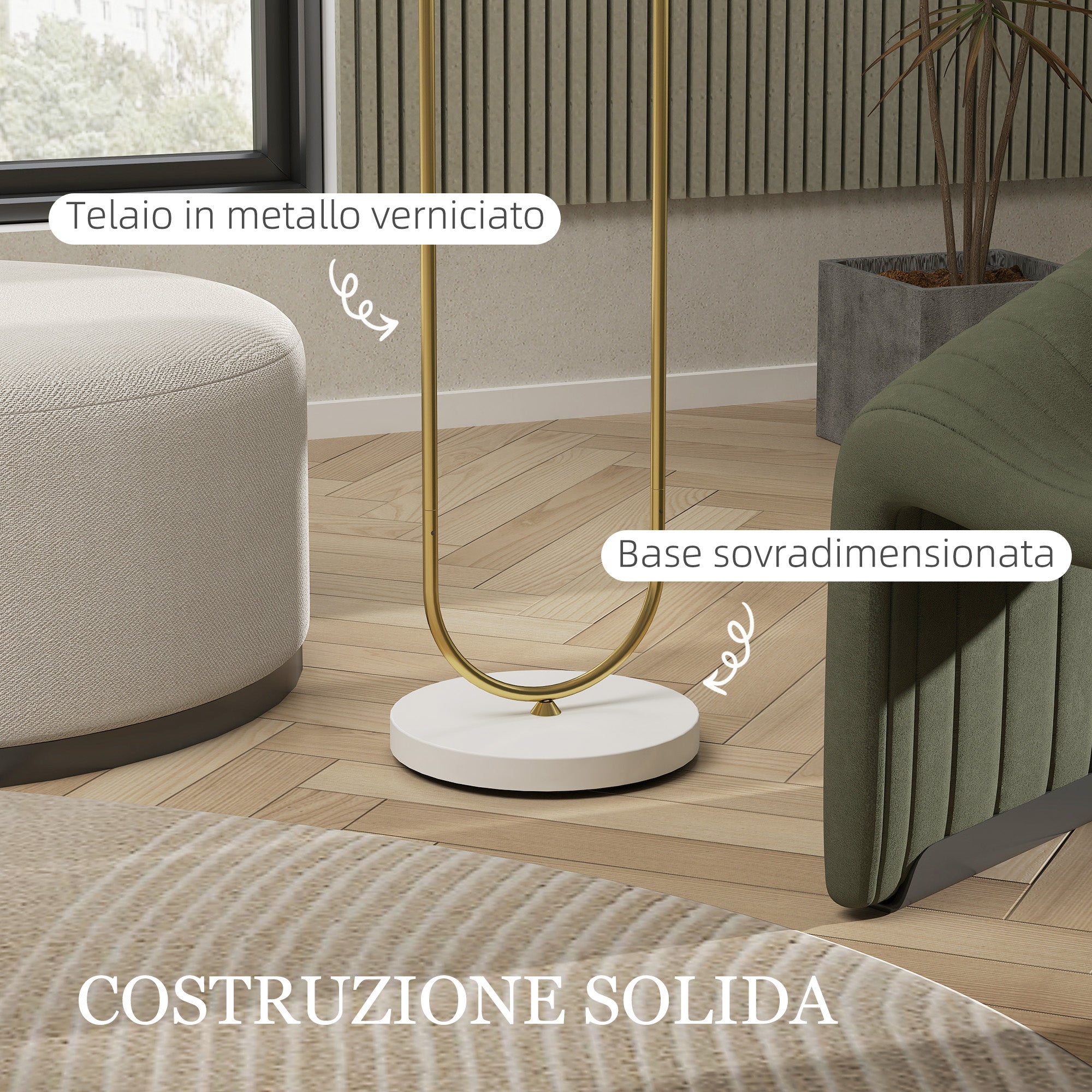 Modern Floor Lamp with Fabric Shade, Double Metal Tube and Foot Switch, Gold