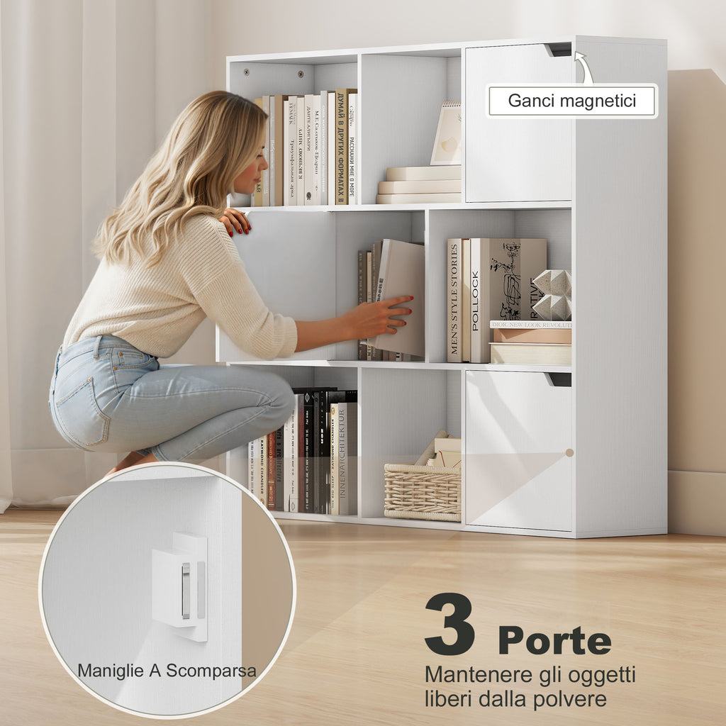 Cube Bookcase with 6 Open and 3 Closed Sections, White Wood, 106x24x95 cm