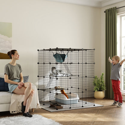 Modular 4-Tier Cat Cage with Platforms, Ramps and 5 Doors, Steel and PP, 105x105x140 cm, Black