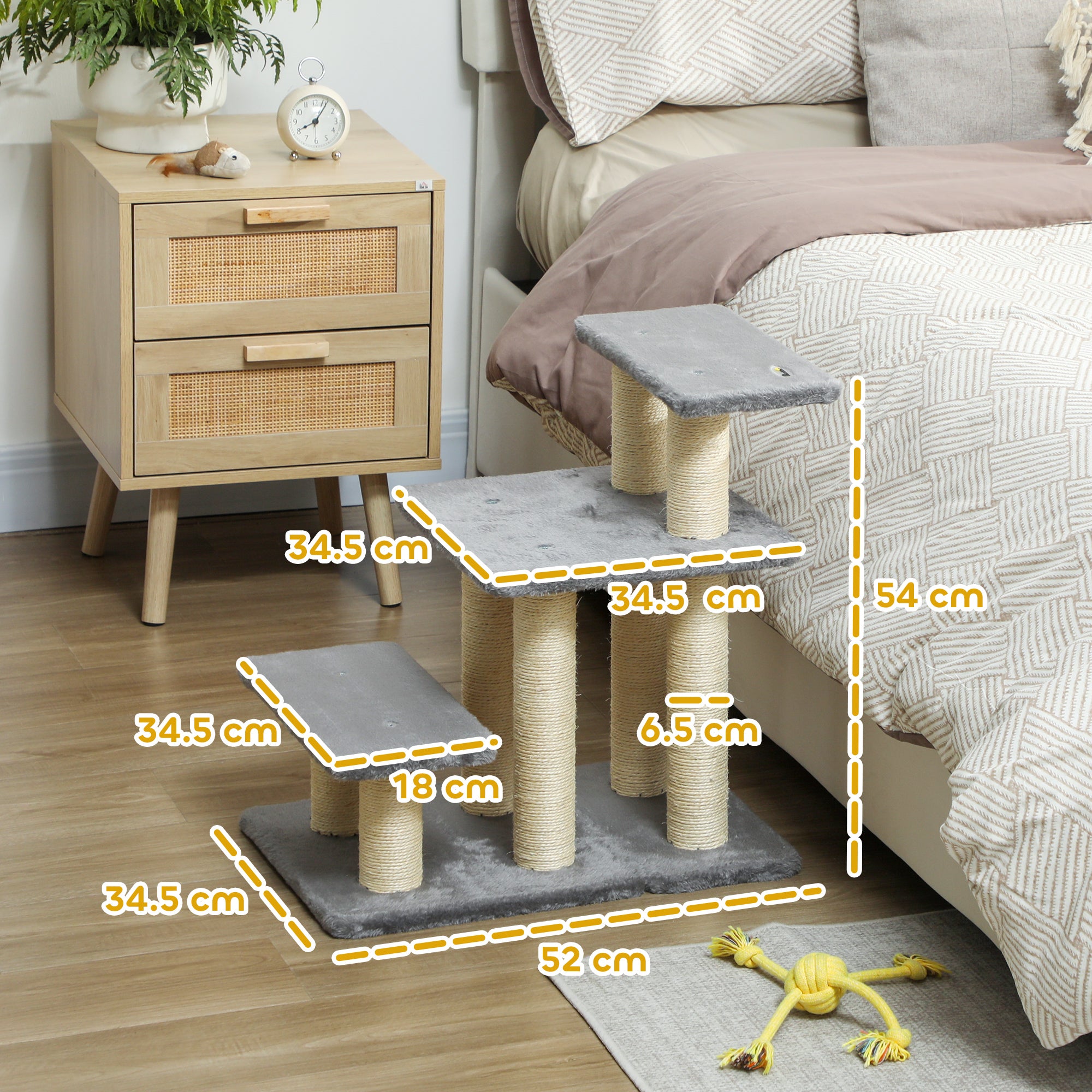 3-Step Plush Dog and Cat Ladder with Sisal Scratching Posts, 10 kg Capacity, Grey