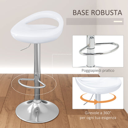 Set of 2 Swivel Bar Stools with Footrest, Adjustable Height, Steel Base, ABS Seat, White