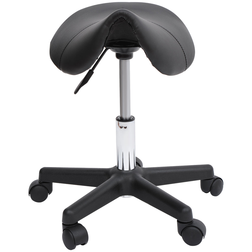 HOMCOM Swivel Saddle Stool with Wheels and Adjustable Height, Padded and Covered in Faux Leather, Black - Borgè