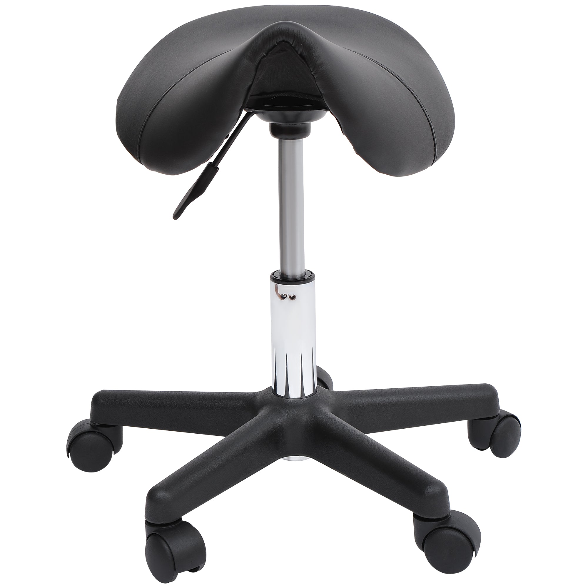 HOMCOM Swivel Saddle Stool with Wheels and Adjustable Height, Padded and Covered in Faux Leather, Black - Borgè