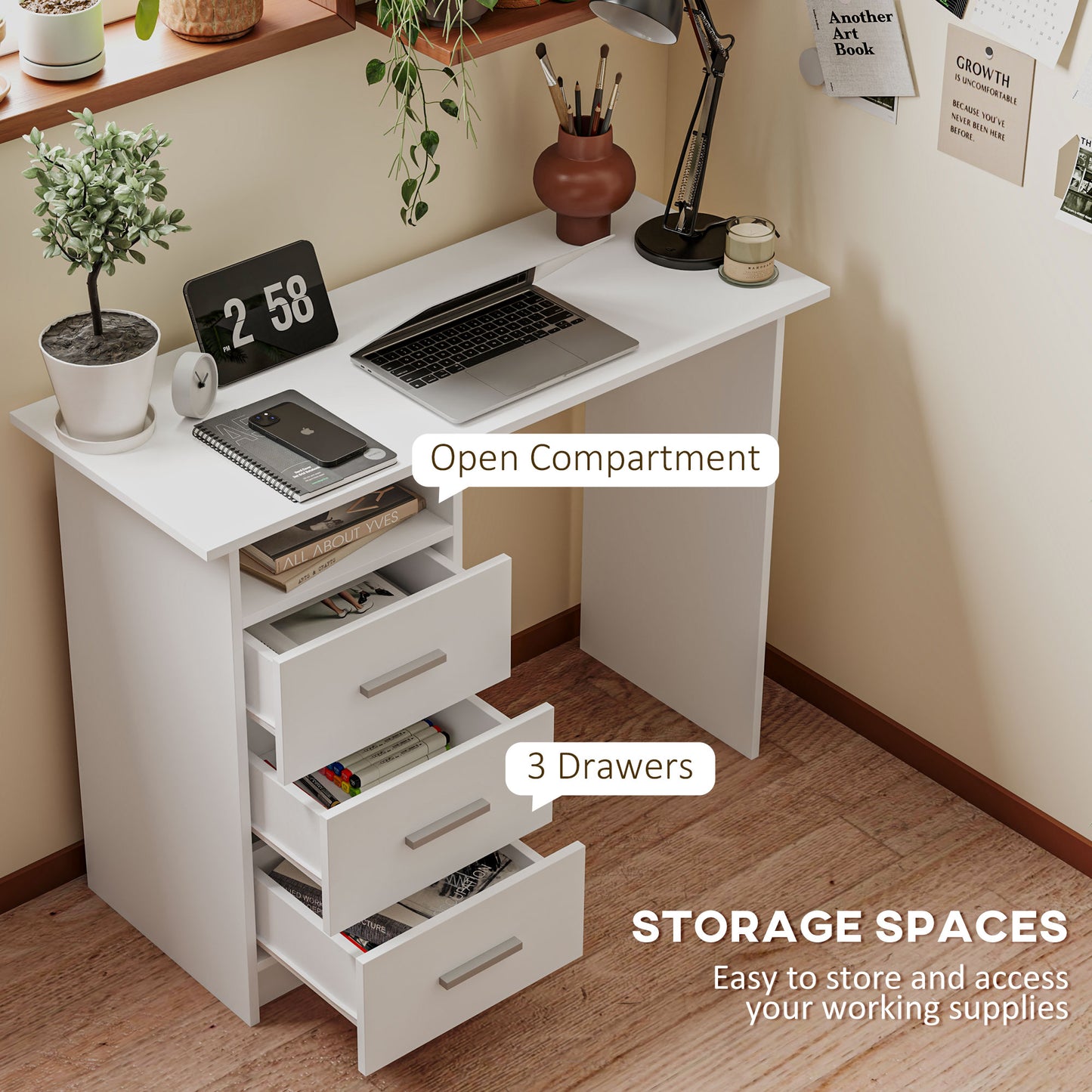 Modern Wooden Desk with 3 Drawers and Open Shelf, 100x40x75 cm, White