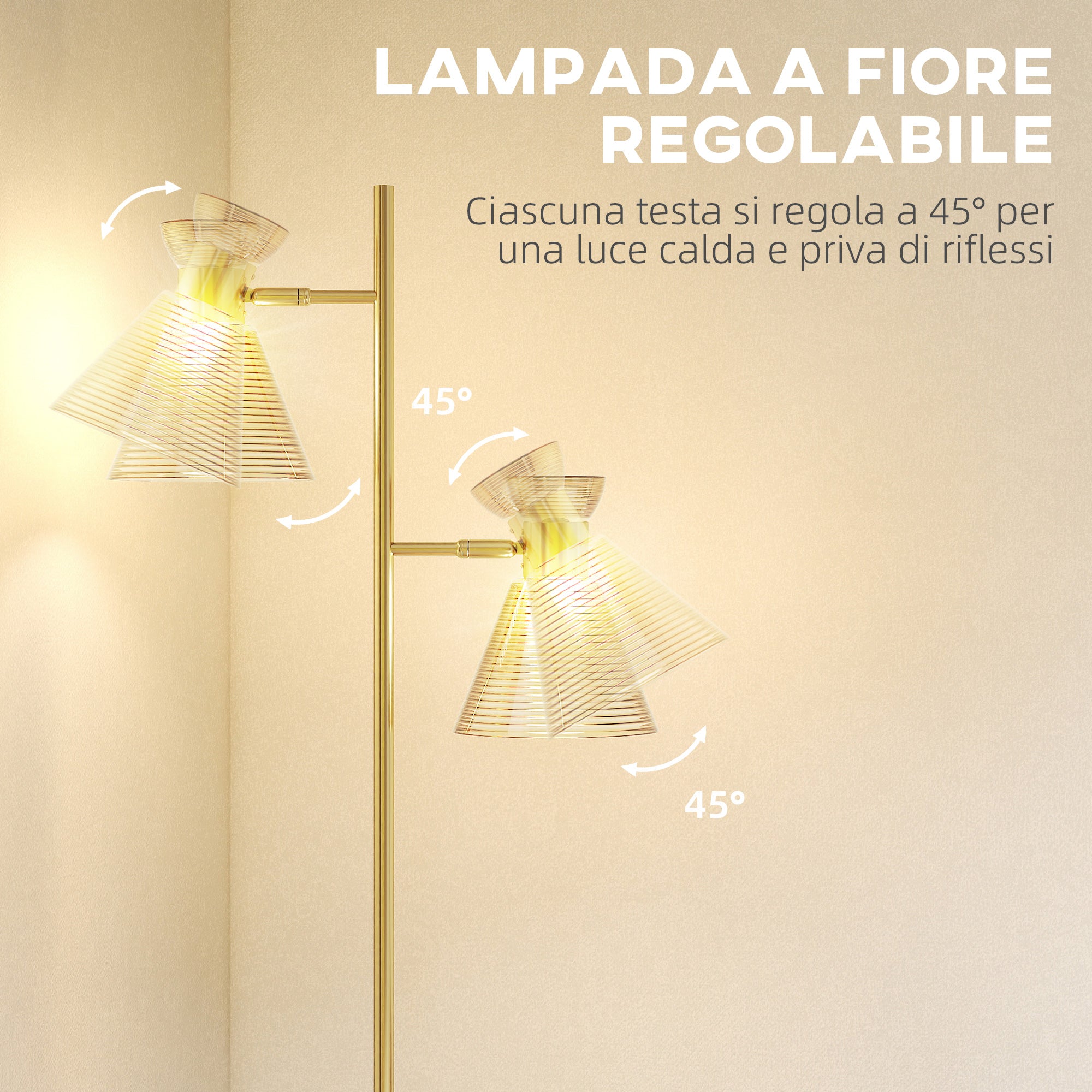 Modern Floor Lamp with 2 Lights and Adjustable Heads, Foot Switch, Gold